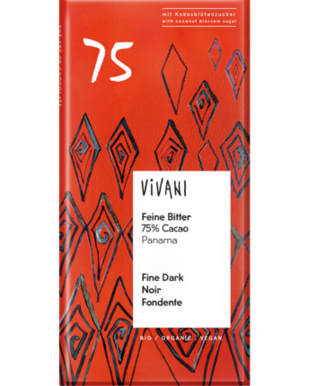Die Tafel Feine Bitter 75 % Cacao mit Kokosblütenzucker von VIVANI Bio-Schokolade.