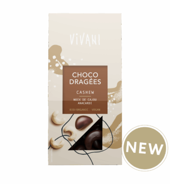 The vegan Choco Dragées Cashew with 74% dark chocolate by VIVANI Organic Chocolate.