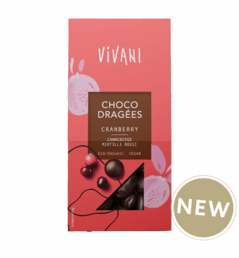 The vegan Choco Dragées Cranberry with 65% dark chocolate by VIVANI Organic Chocolate.