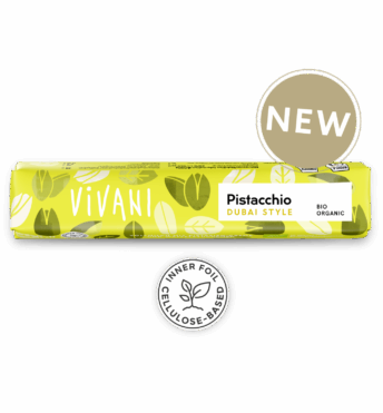 The organic chocolate snack bar Pistacchio Dubai Style with pistacchio cream by VIVANI.