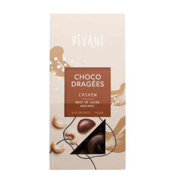 The vegan Choco Dragées Cashew with 74% dark chocolate by VIVANI Organic Chocolate.