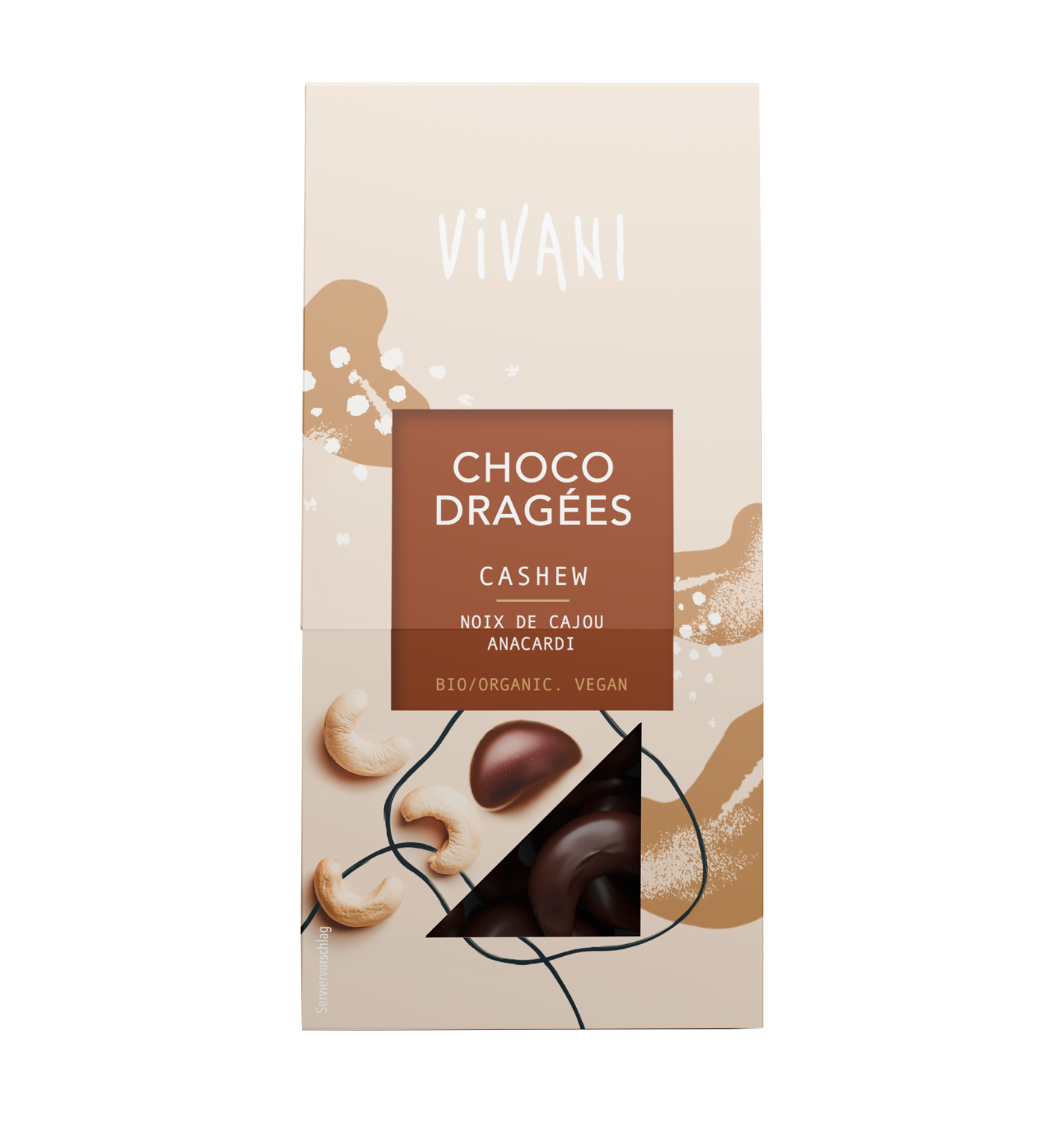 The vegan Choco Dragées Cashew with 74% dark chocolate by VIVANI Organic Chocolate.