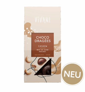 Die veganen Choco Dragées Cashew mit 74 % Zartbitter-Schokoladenanteil von VIVANI Bio-Schokolade.