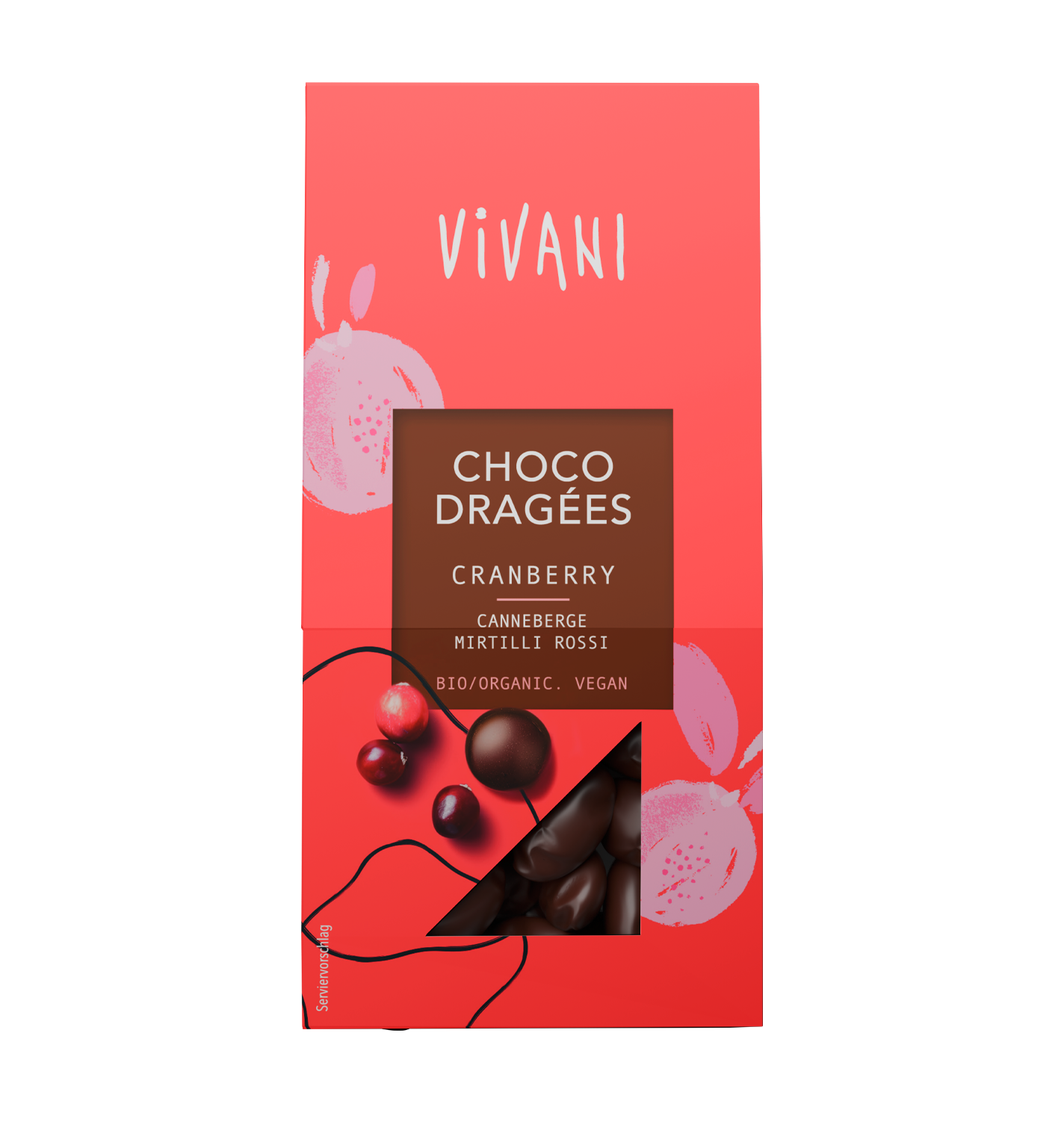 The vegan Choco Dragées Cranberry with 65% dark chocolate by VIVANI Organic Chocolate.