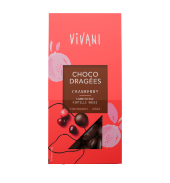 Die veganen Choco Dragées Cranberry mit 65 % Zartbitter-Schokoladenanteil von VIVANI Bio-Schokolade.