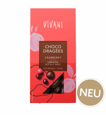 Die veganen Choco Dragées Cranberry mit 65 % Zartbitter-Schokoladenanteil von VIVANI Bio-Schokolade.