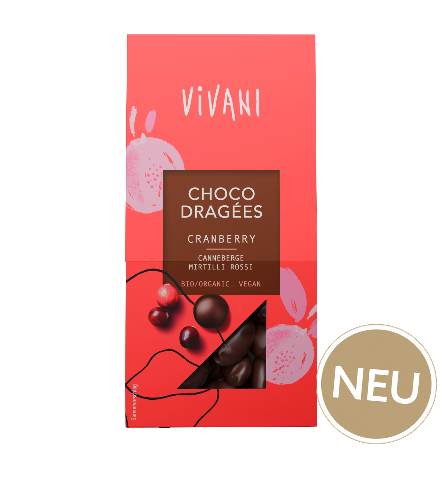 Die veganen Choco Dragées Cranberry mit 65 % Zartbitter-Schokoladenanteil von VIVANI Bio-Schokolade.