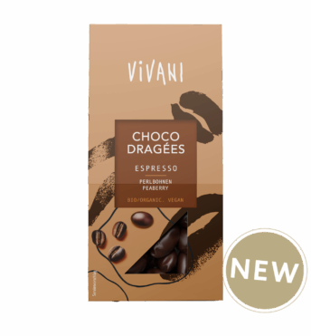 The vegan Choco Dragées Espresso with 91% dark chocolate and peaberries by VIVANI Organic Chocolate.