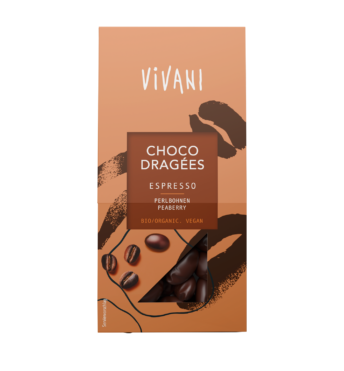 choco-dragees-espresso-91-prozent-zartbitter-schokolade-bio-vegan-vivani Die veganen Choco Dragées Espresso mit 91 % Zartbitter-Schokoladenanteil und Perlbohnen von VIVANI Bio-Schokolade.