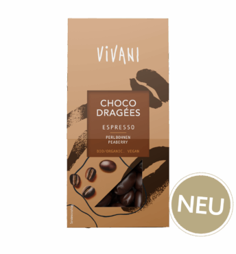 Die veganen Choco Dragées Espresso mit 91 % Zartbitter-Schokoladenanteil und Perlbohnen von VIVANI Bio-Schokolade.