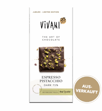 espresso-pistacchio-75-prozent-cacao-vegan-jubilaeumstafel-vivani-bio-schokolade-ausverkauf Die vegane Bio-Schokoaldentafel Espresso Pistacchio zum 25. Jubiläum von VIVANI.