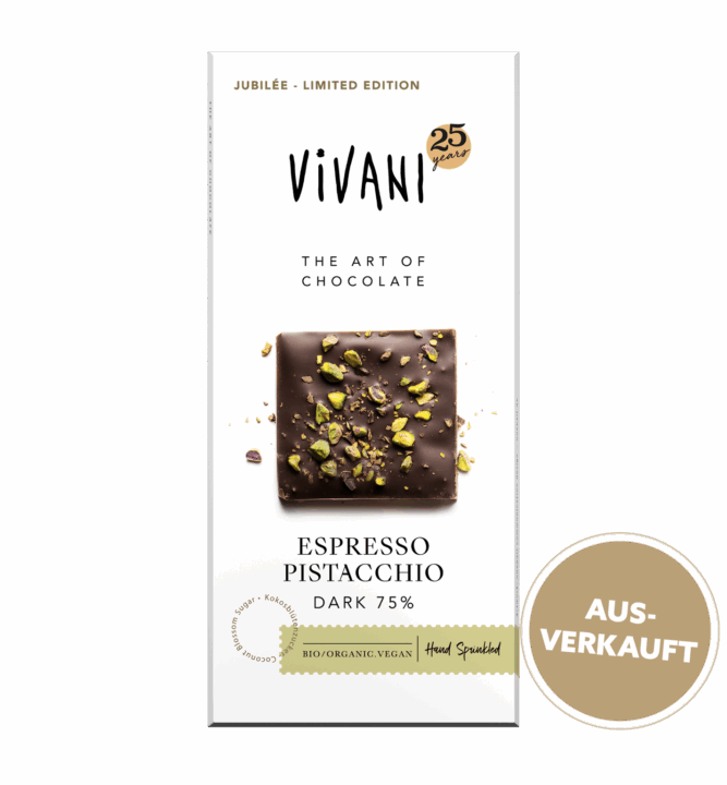 Die vegane Bio-Schokoaldentafel Espresso Pistacchio zum 25. Jubiläum von VIVANI.