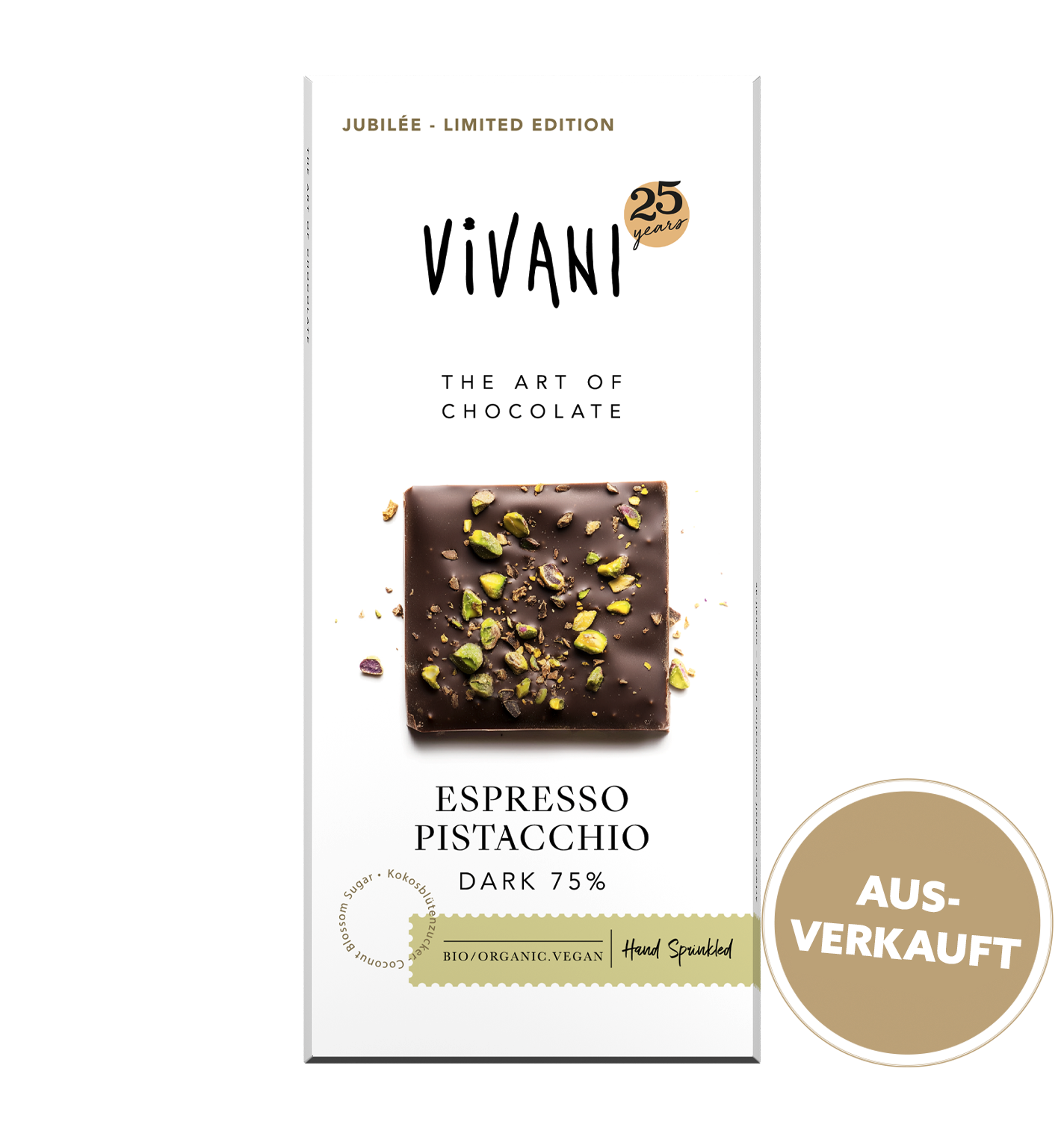 Die vegane Bio-Schokoaldentafel Espresso Pistacchio zum 25. Jubiläum von VIVANI.