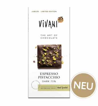 Die vegane Bio-Schokoaldentafel Espresso Pistacchio zum 25. Jubiläum von VIVANI.