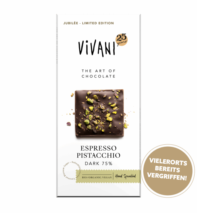 espresso-pistacchio-75-prozent-cacao-vegan-jubilaeumstafel-vivani-bio-schokolade-vergriffen Die vegane Bio-Schokoaldentafel Espresso Pistacchio zum 25. Jubiläum von VIVANI.