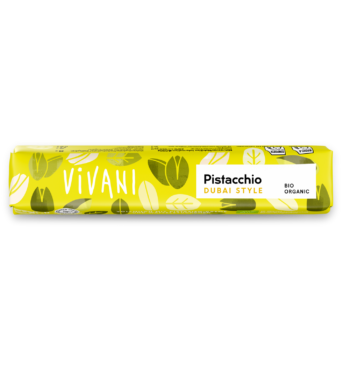 pistacchio-dubai-style-chocolate-snack-bar-organic-vivani The organic chocolate snack bar Pistacchio Dubai Style with pistacchio cream by VIVANI.