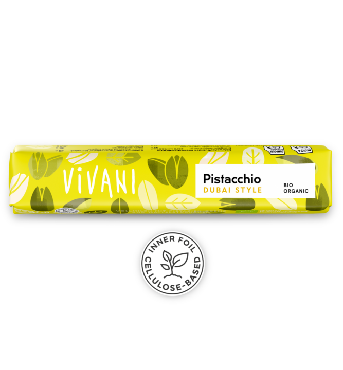 Der Bio-Schokoriegel Pistacchio Dubai Style mit Pistaziencreme von VIVANI.