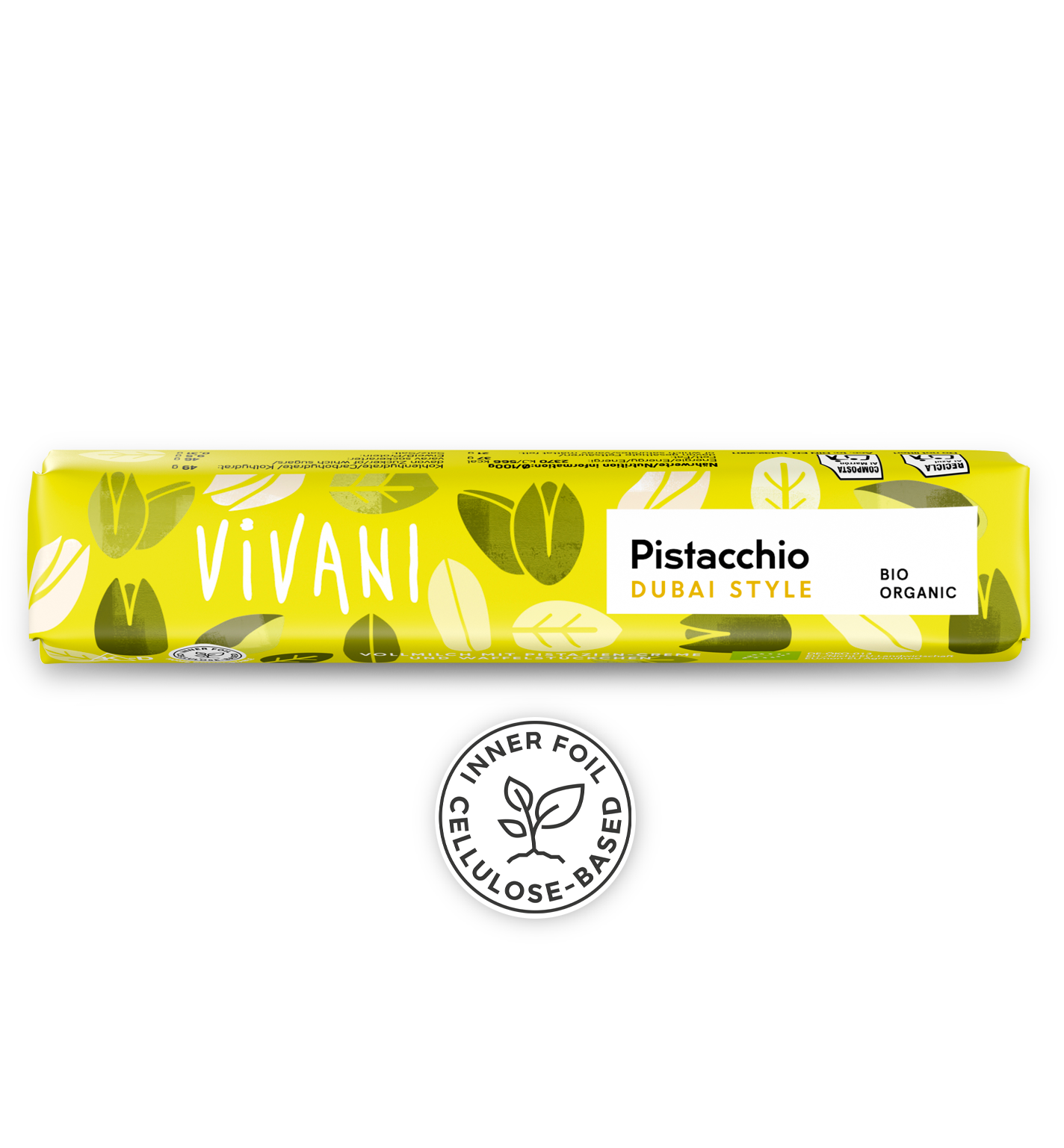 Der Bio-Schokoriegel Pistacchio Dubai Style mit Pistaziencreme von VIVANI.
