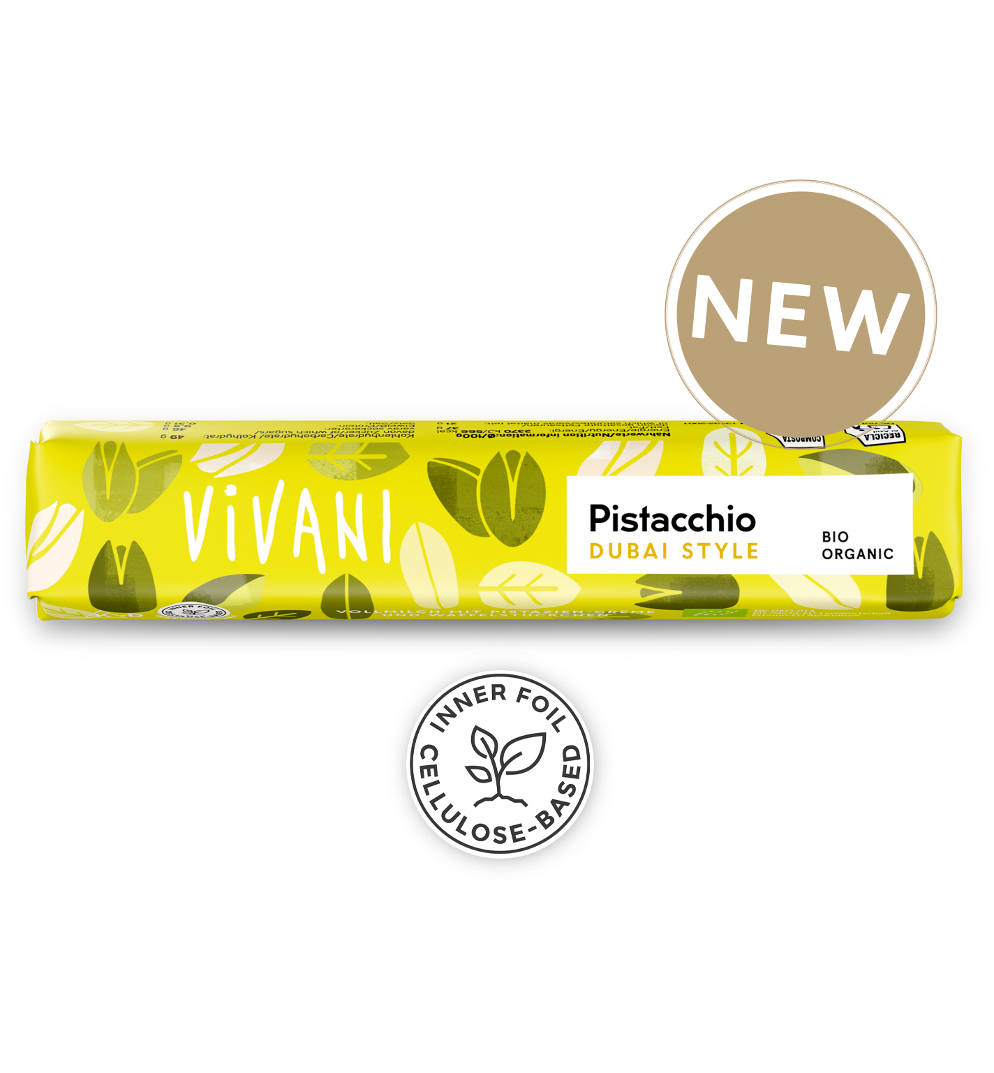 The organic chocolate snack bar Pistacchio Dubai Style with pistacchio cream by VIVANI.