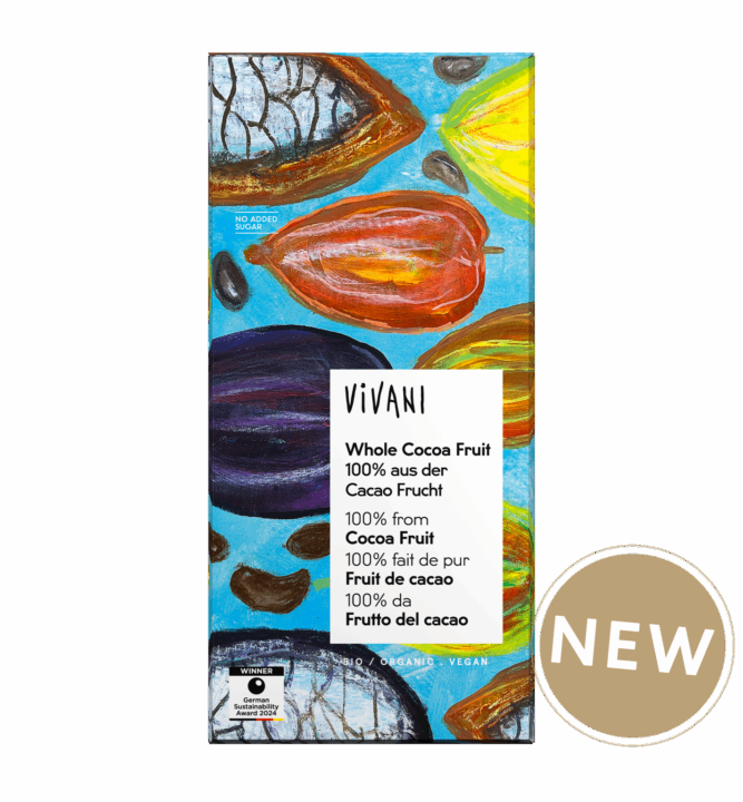 The vegan Whole Cocoa Fruit bar from VIVANI Organic Chocolate consists of 100% cocoa fruit from Panama.