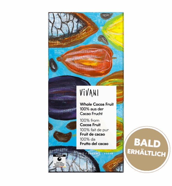 Die vegane Whole Cocoa Fruit Tafel von VIVANI Bio-Schokolade besteht zu 100 % aus der Kakaofrucht.