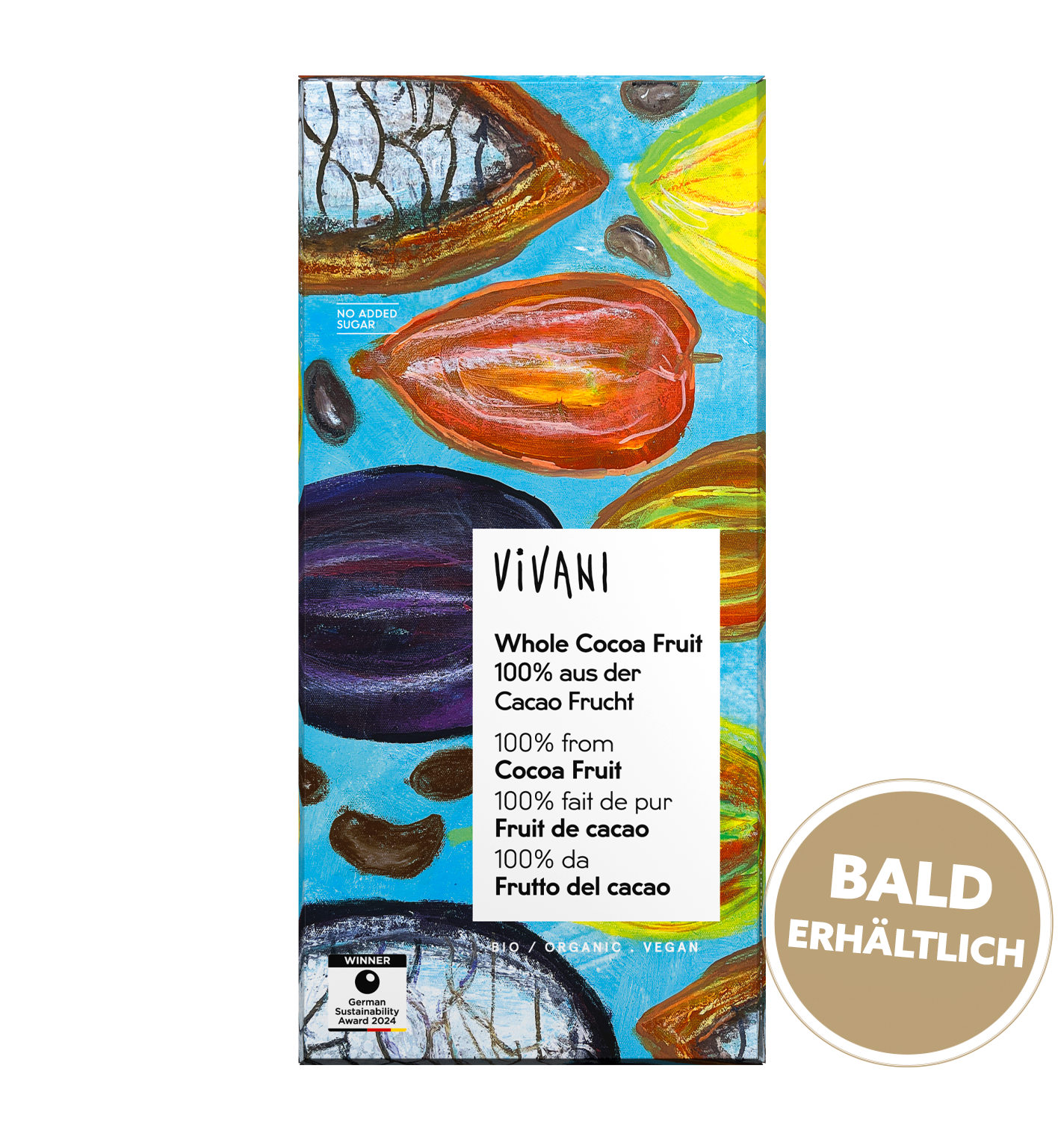 Die vegane Whole Cocoa Fruit Tafel von VIVANI Bio-Schokolade besteht zu 100 % aus der Kakaofrucht.