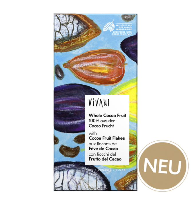 whole-cocoa-fruit-vivani-bio-schokolade-vegan-neu Die vegane Whole Cocoa Fruit Tafel von VIVANI Bio-Schokolade besteht zu 100 % aus der Kakaofrucht.