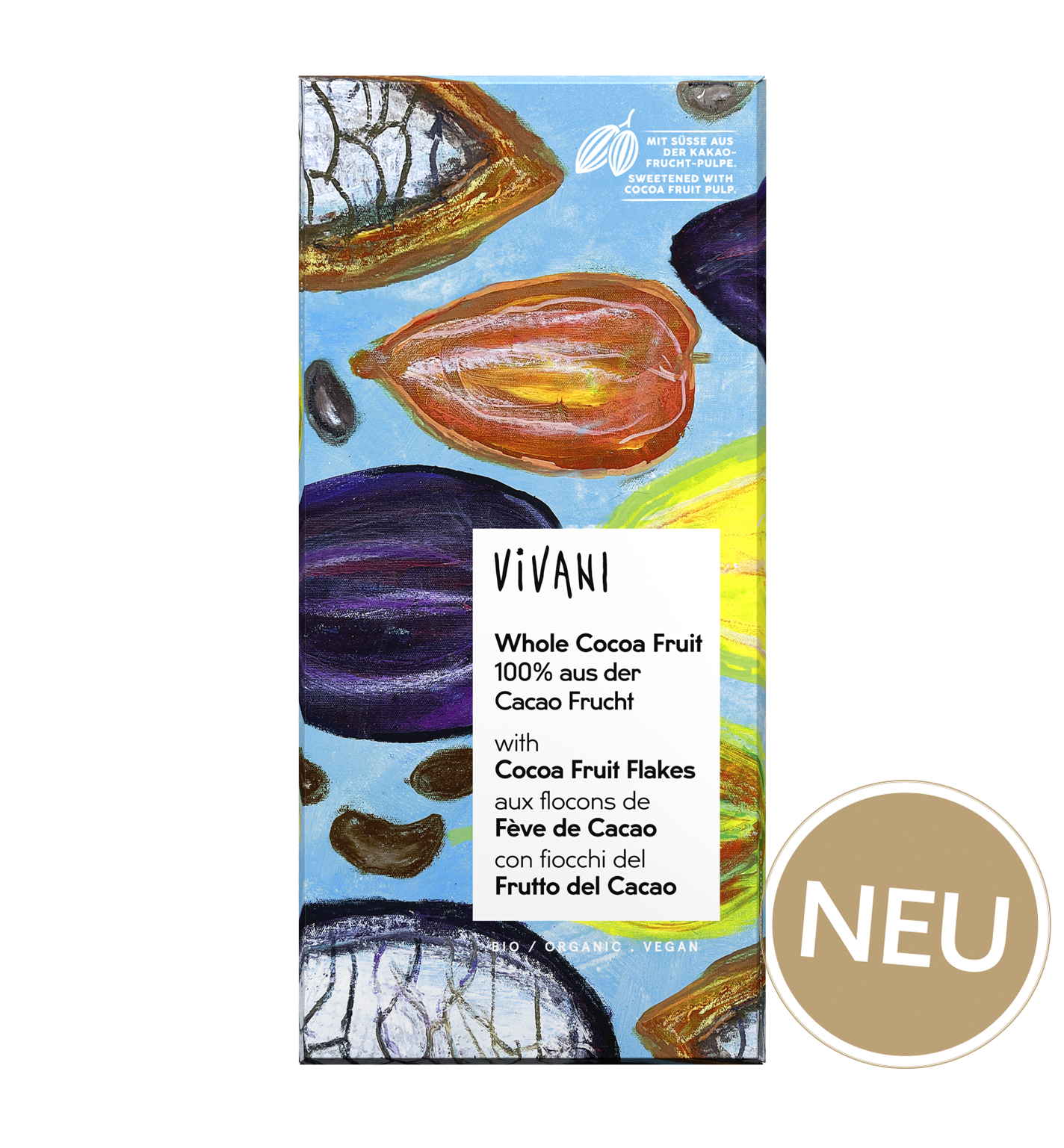 Die vegane Whole Cocoa Fruit Tafel von VIVANI Bio-Schokolade besteht zu 100 % aus der Kakaofrucht.