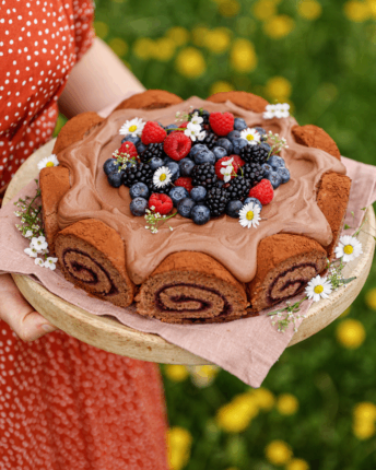Schokomousse-Charlotte mit frischen Beeren.