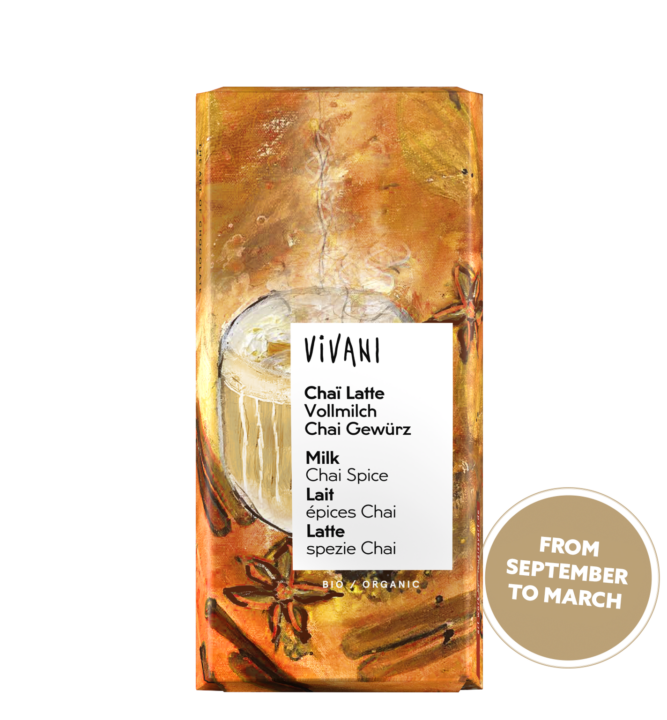 chai-latte-milk-chocolate-spice-vivani-organic VIVANI's organic Chocolate Chai Latte with fine milk chocolate and chai spice.