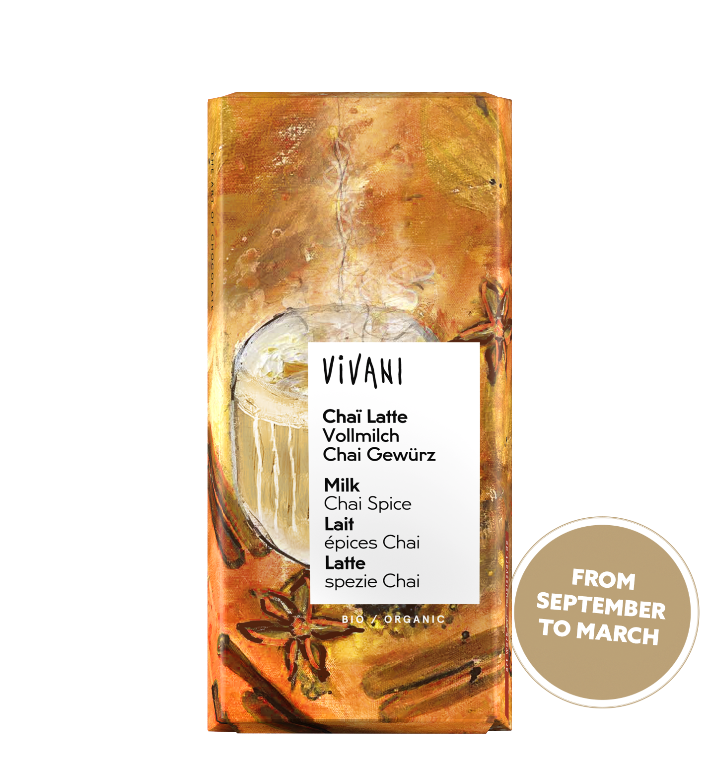 VIVANI's organic Chocolate Chai Latte with fine milk chocolate and chai spice.