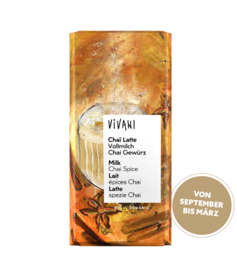 Die Bio-Schokolade Chai Latte von VIVANI mit Vollmilchschokolade und Chai Gewürz.