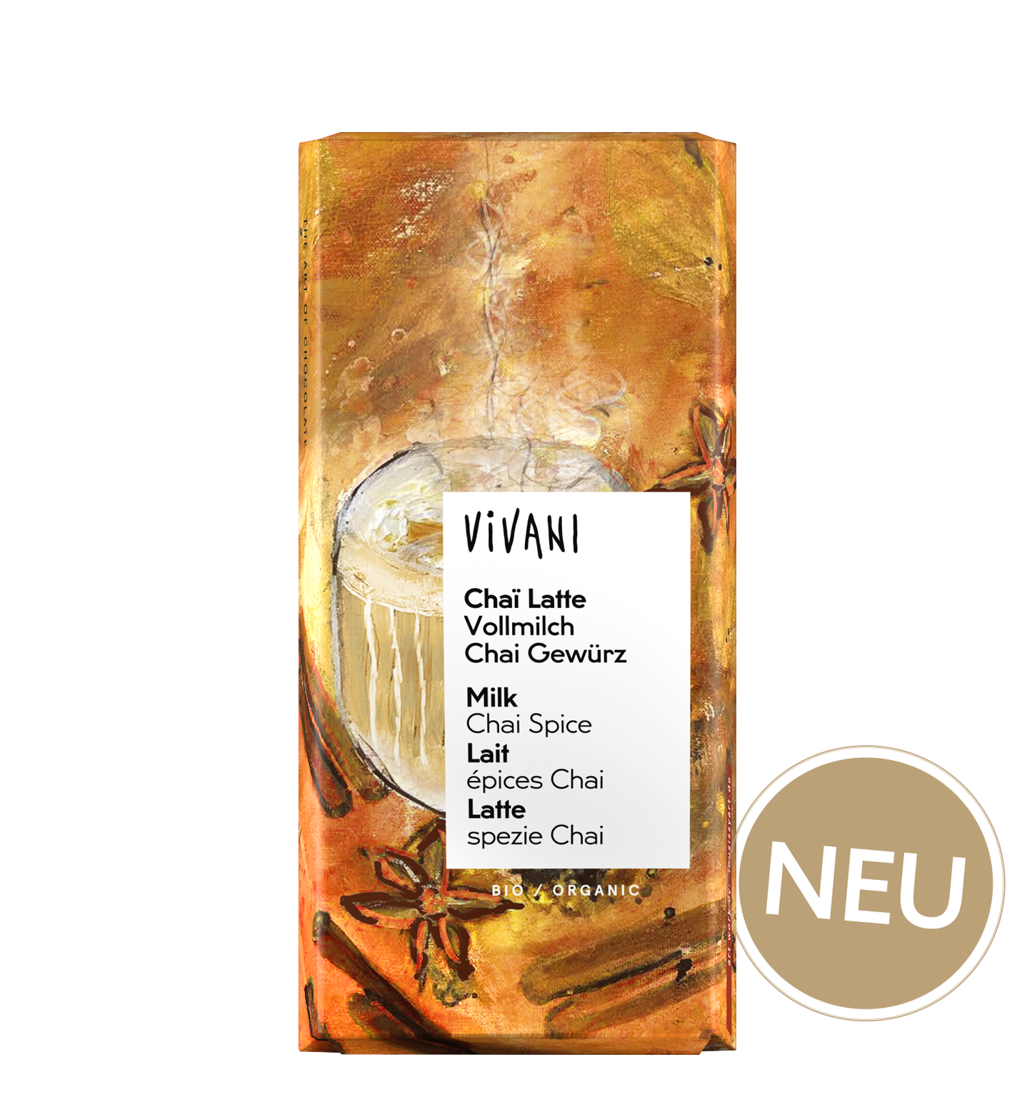 Die Bio-Schokolade Chai Latte von VIVANI mit Vollmilchschokolade und Chai Gewürz.