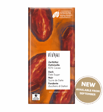 dark-date-sugar-60-percent-cocoa-vivani-organic-chocolate-from-september The Dark Date Sugar variety with 60% cocoa from VIVANI organic chocolate.