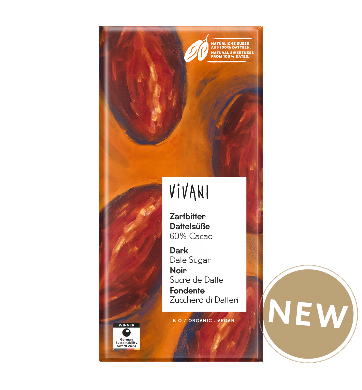 The Dark Date Sugar variety with 60% cocoa from VIVANI organic chocolate.