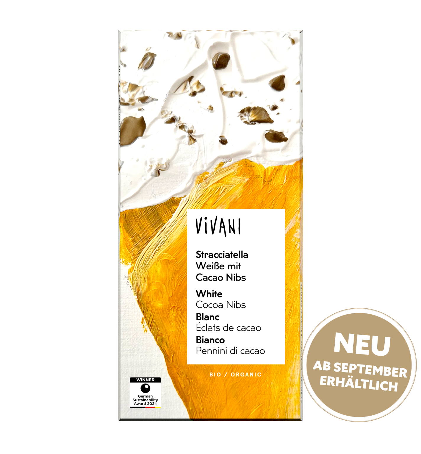 Die weiße Bio-Schokolade Stracciatella mit Cacao Nibs.