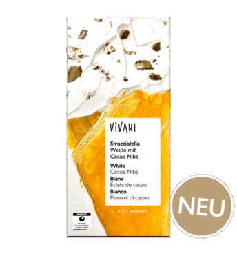 Die weiße Bio-Schokolade Stracciatella mit Cacao Nibs.