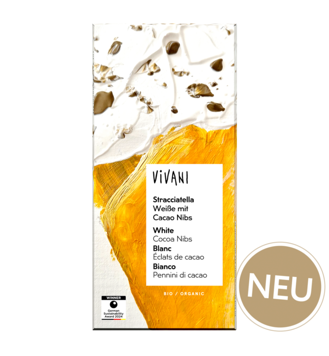 stracciatella-weisse-schokolade-kakaonibs-vivani-bio-neu Die weiße Bio-Schokolade Stracciatella mit Cacao Nibs.