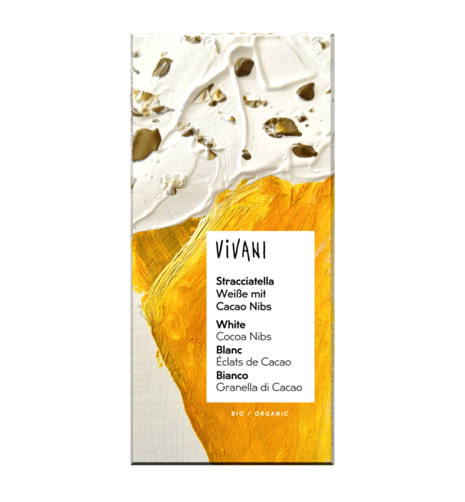stracciatella-white-chocolate-cocoa-nibs-vivani-organic VIVANI's organic white chocolate Stracciatella with cocoa nibs.