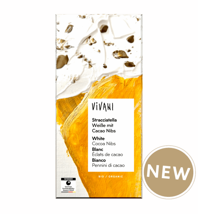 VIVANI's organic white chocolate Stracciatella with cocoa nibs.
