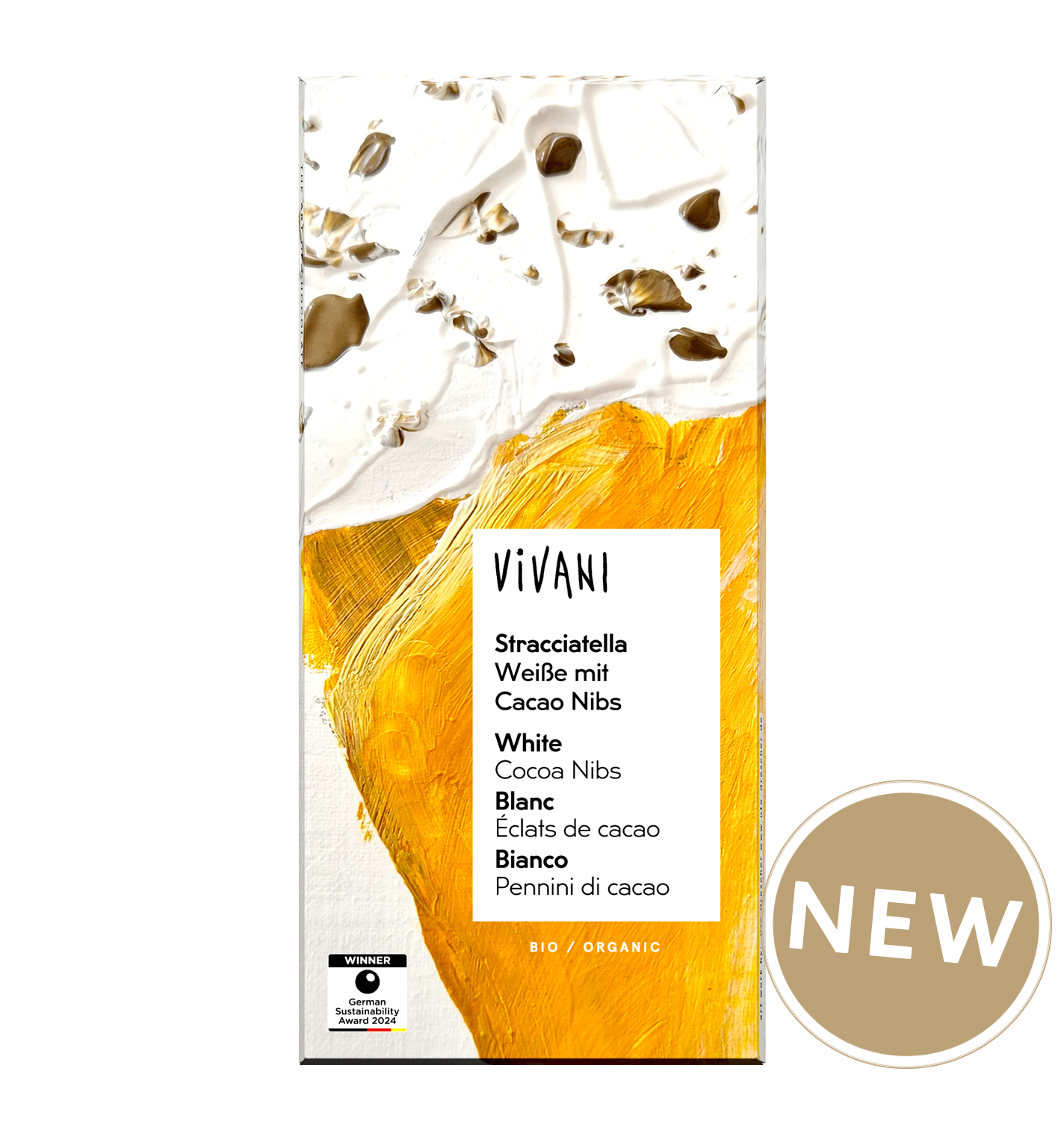 VIVANI's organic white chocolate Stracciatella with cocoa nibs.