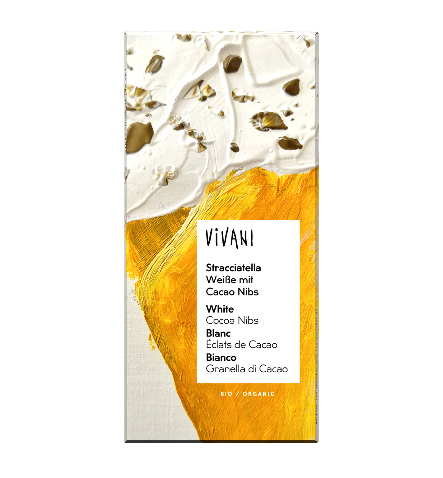 VIVANI's organic white chocolate Stracciatella with cocoa nibs.