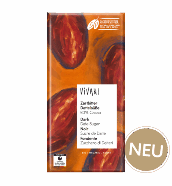 Die Sorte Zartbitter Dattelsüße mit 60 % Cacao von VIVANI Bio-Schokolade.