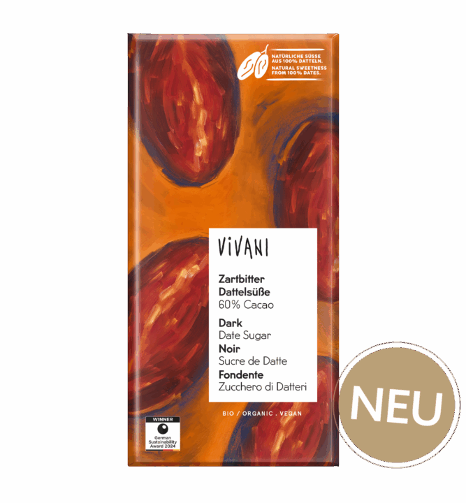 Die Sorte Zartbitter Dattelsüße mit 60 % Cacao von VIVANI Bio-Schokolade.
