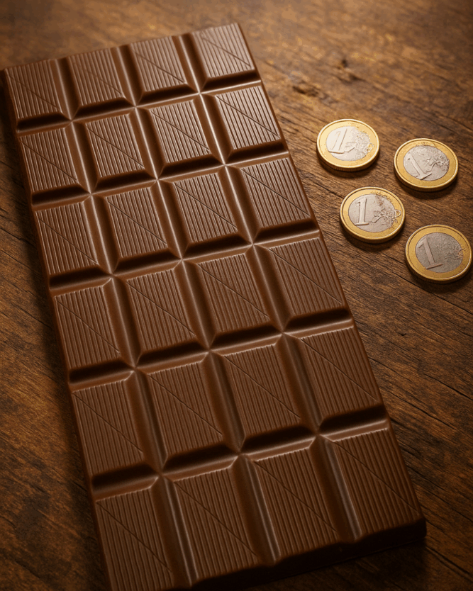 Euro coins and an unwrapped bar of chocolate.