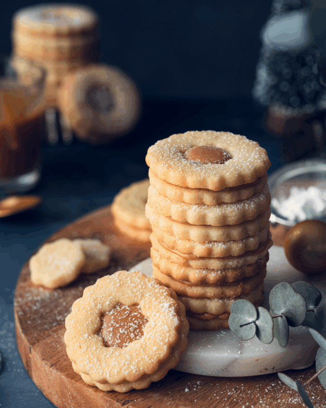 spitzbuben-mit-karamellisierter-weisser-schokolade Spitzbuben-Plätzchen, gefüllt mit karamellisierter weißer Schokolade.