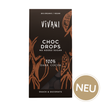 Dark Choc Drops mit 100 Prozent Kakaogehalt von VIVANI Bio-Schokolade.