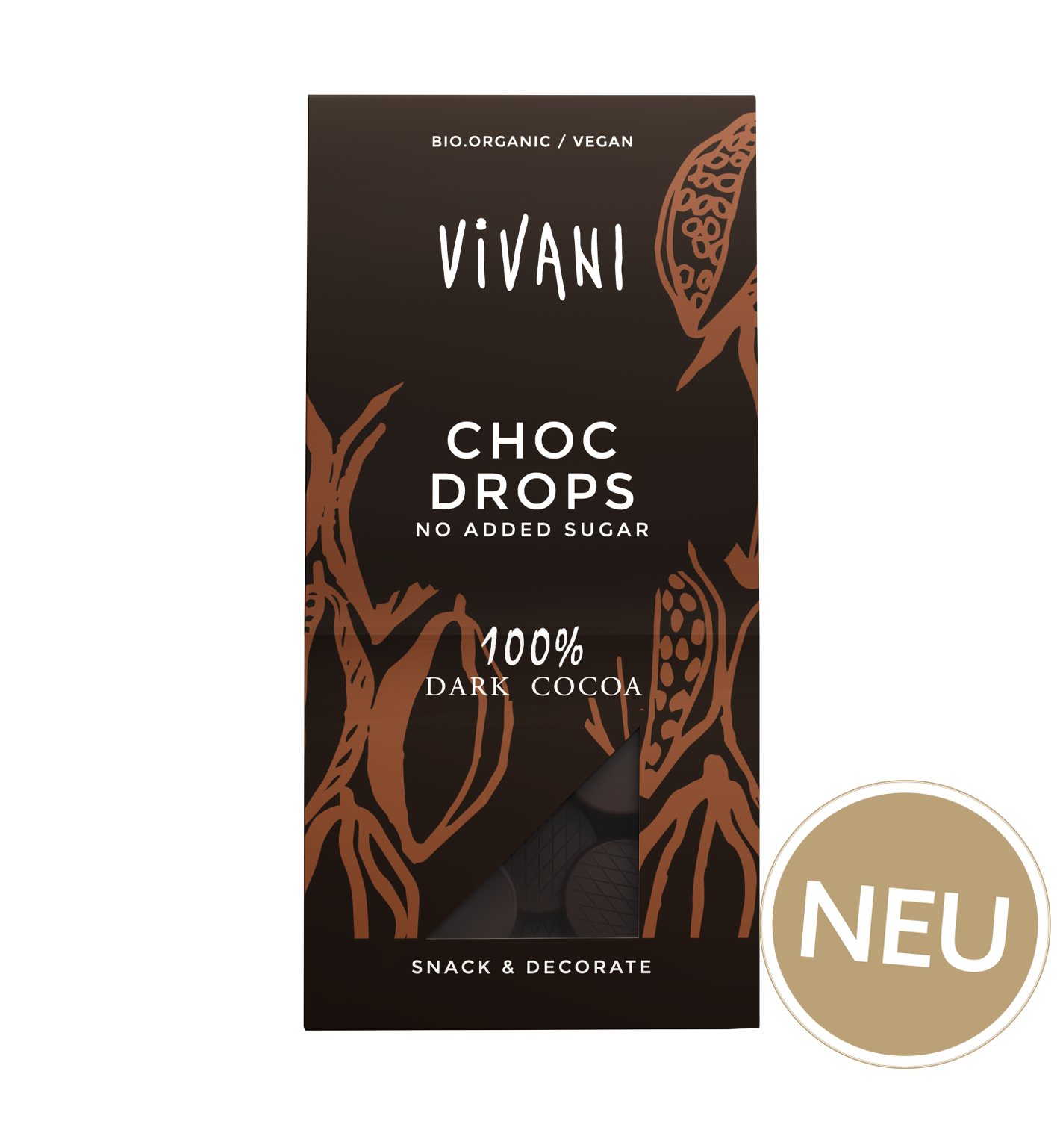 Dark Choc Drops mit 100 Prozent Kakaogehalt von VIVANI Bio-Schokolade.
