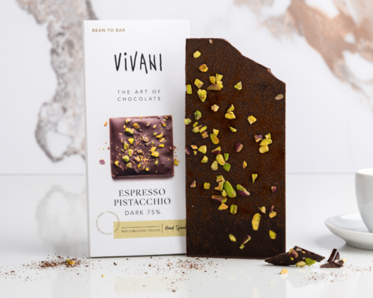 Bean-to-bar organic chocolate hand-sprinkled with salted pistachios and espresso powder