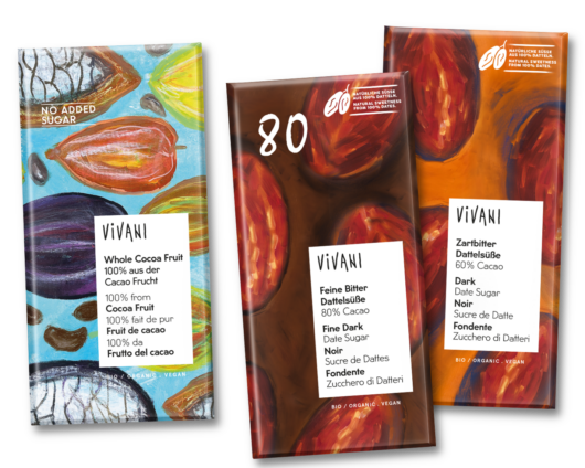 VIVANI Whole Cocoa Fruit Bioschokolade - Zutaten 100% aus der Kakaofrucht | VIVANI Dattelschokoladen (60% Kakao, 80% Kakao) mit Dattelsüße